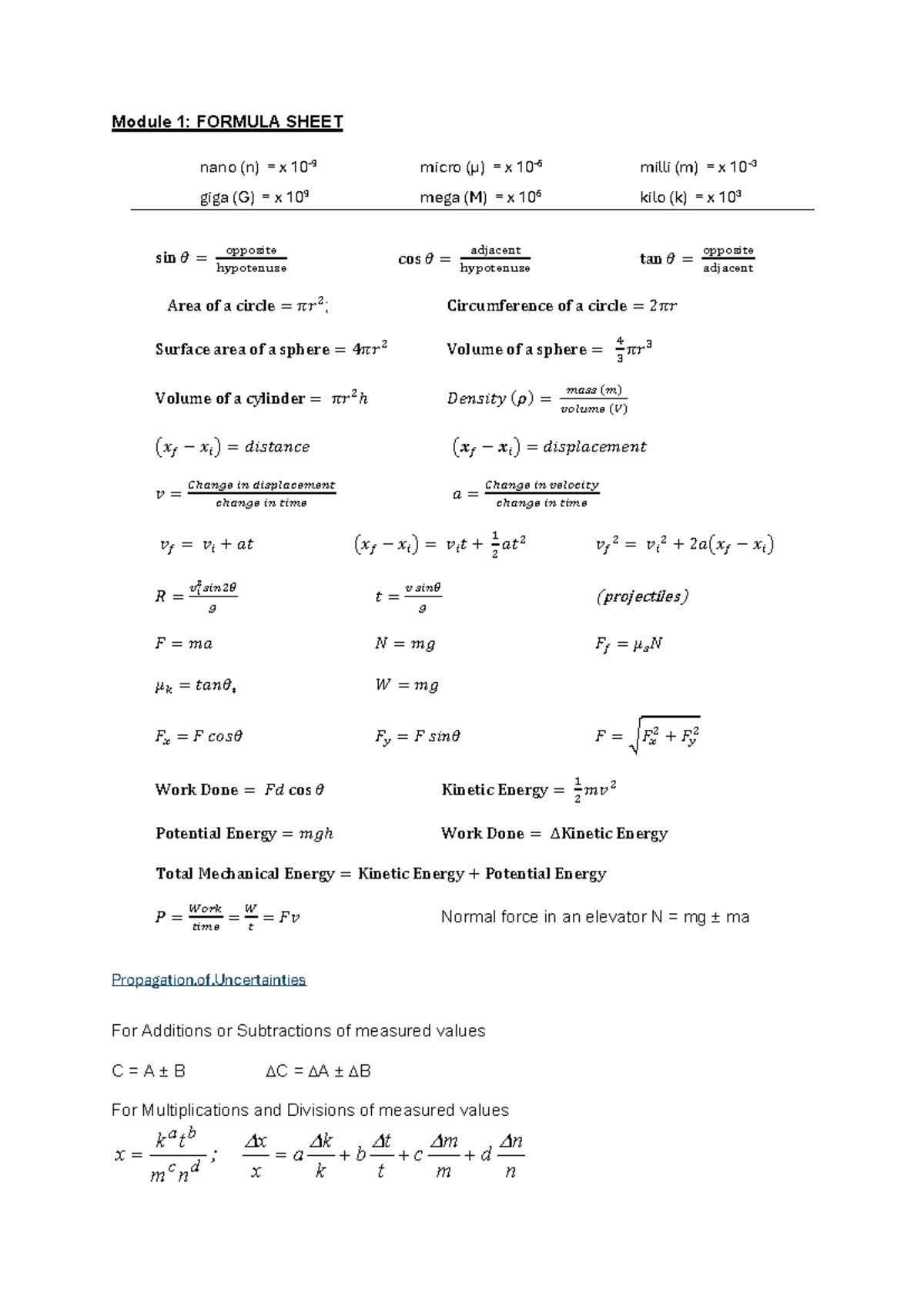 Formula Sheet Mod 1 - Module 1: FORMULA SHEET nano (n) = x 10 -9 micro ...