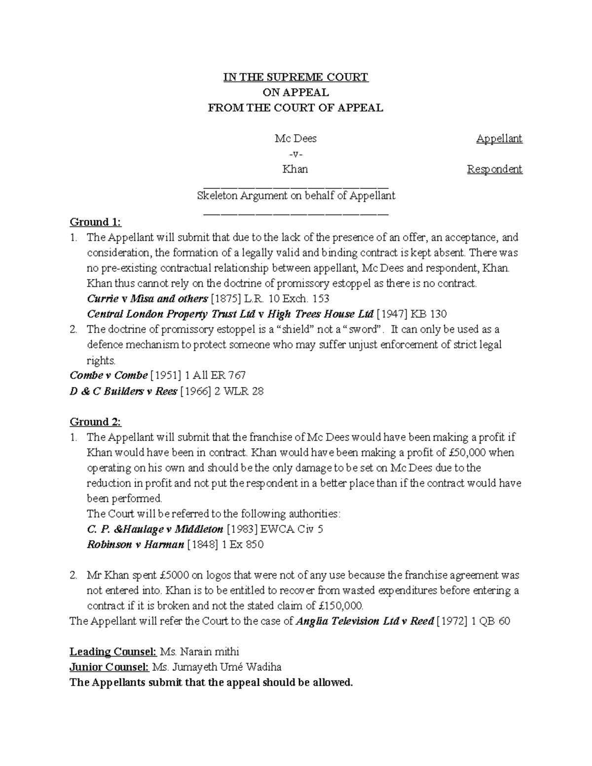 Skeleton Argument for Appeal: Mc Dees v Khan - Case Analysis - Studocu