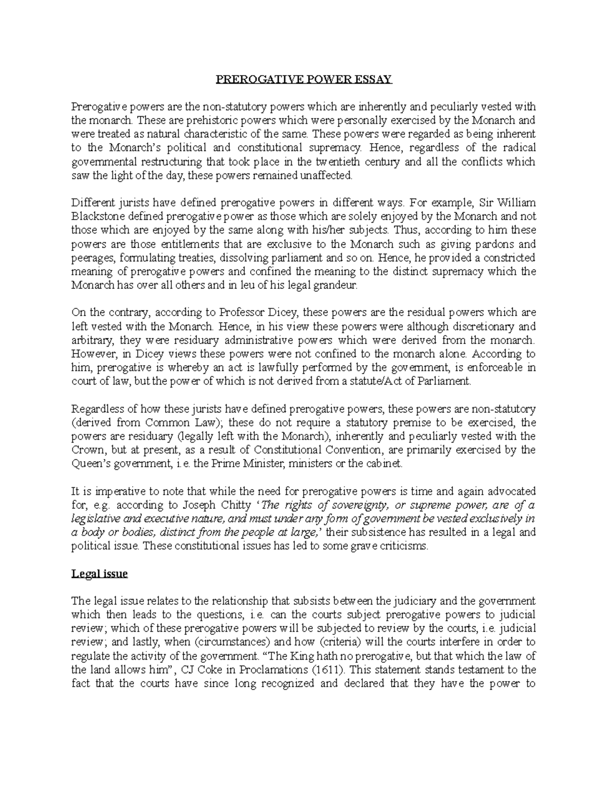 Prerogative Power: An Analytical Essay on Legal Jurisprudence - Studocu