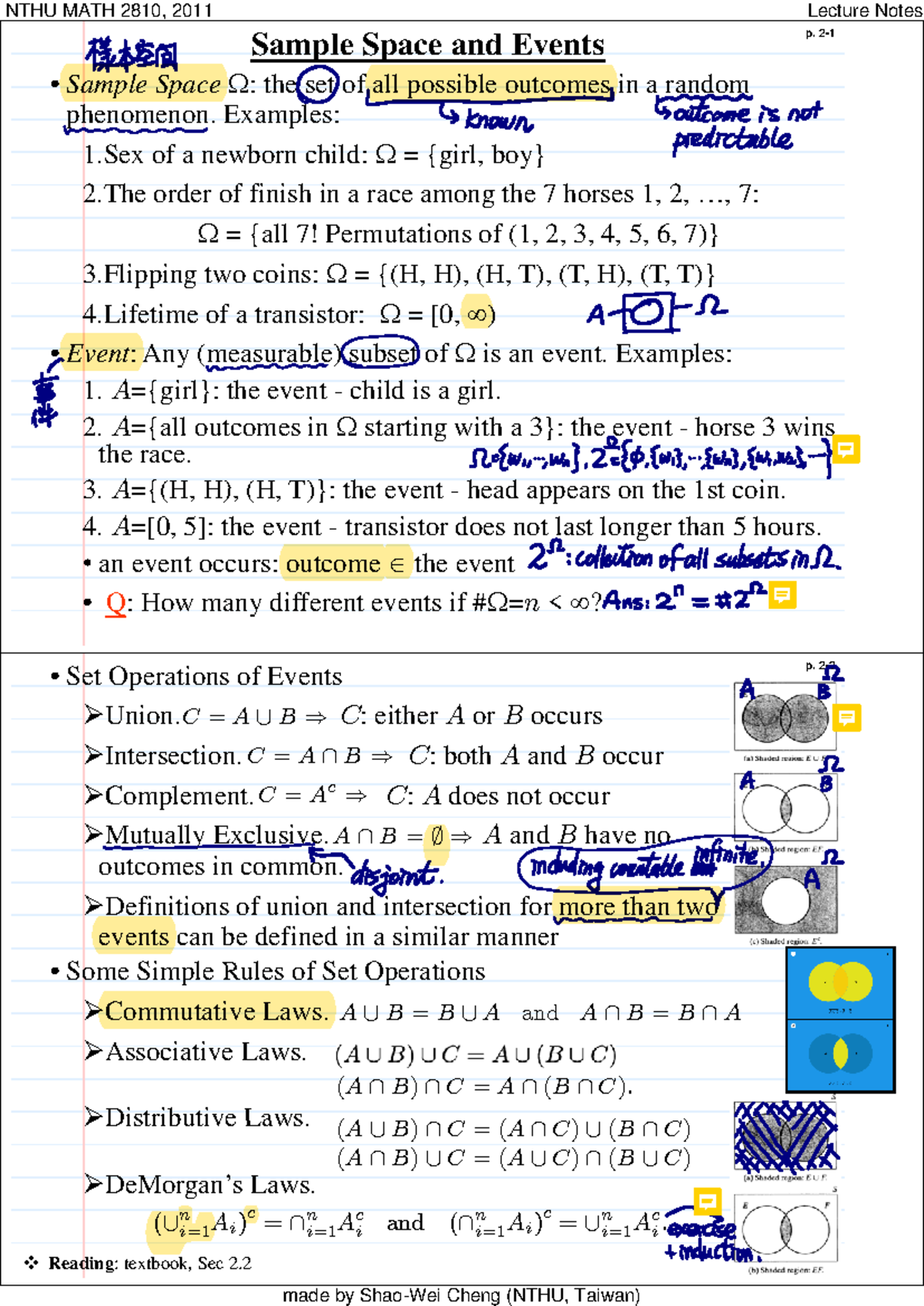 02 Axiom Probability w HWN - p. 2- Sample Space and Events • Sample ...