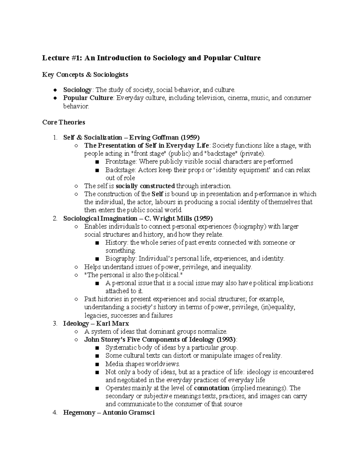 Midterm Notes: Key Concepts in Sociology and Popular Culture (SOC101 ...