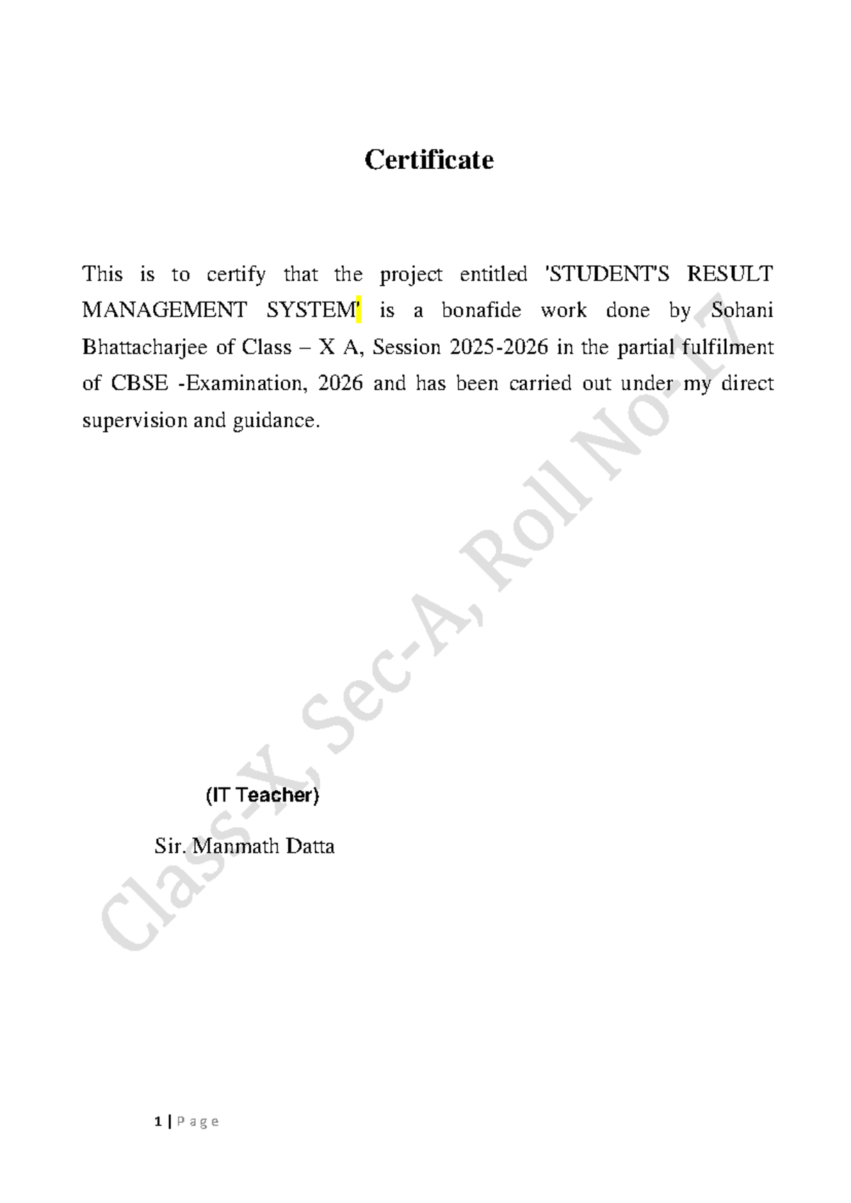 Certificate of Project on RESULT MANAGEMENT for Class X A (CBSE 2026 ...