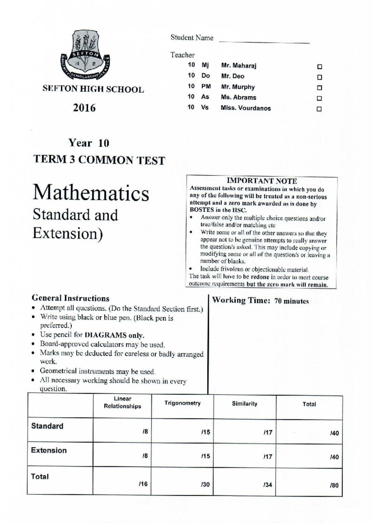 2016 Year 10 Term 3 Common Test (Mathematics Extension) - Studocu