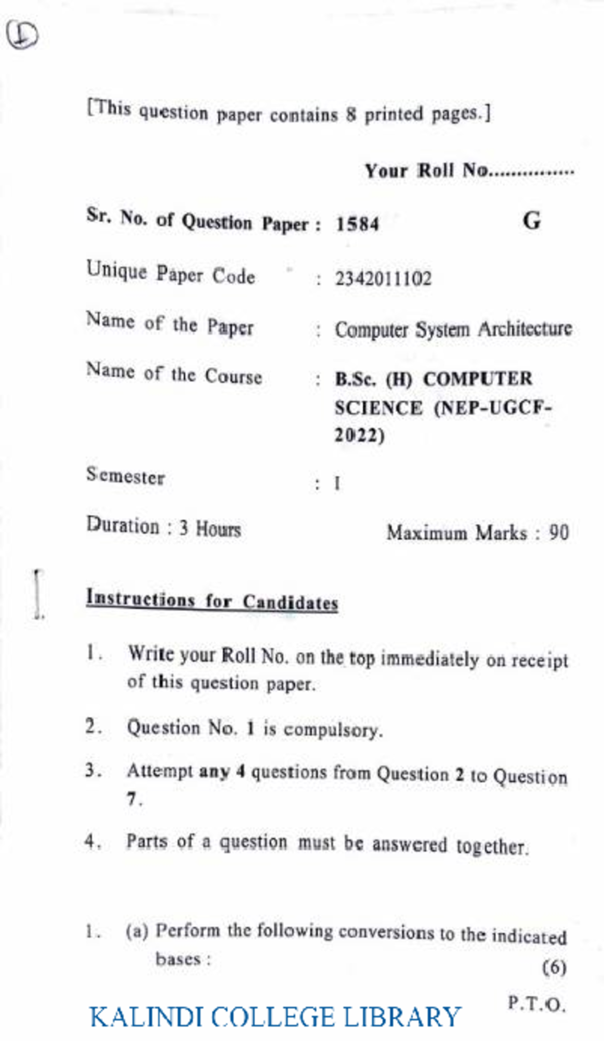 Csa23 24 - Kalindi College computer system architecture pyq - 1 ...