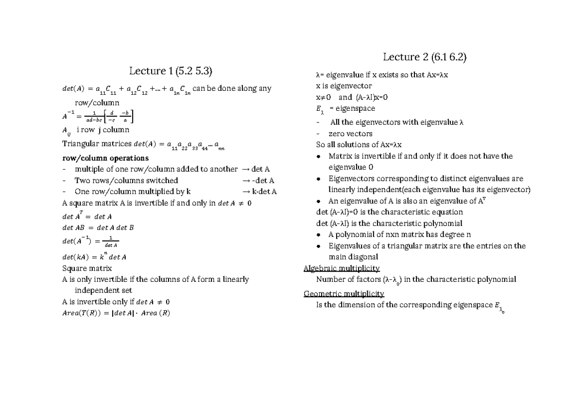 Lin Diff Midterm - Summary of Linear Algebra and Differential Equations ...