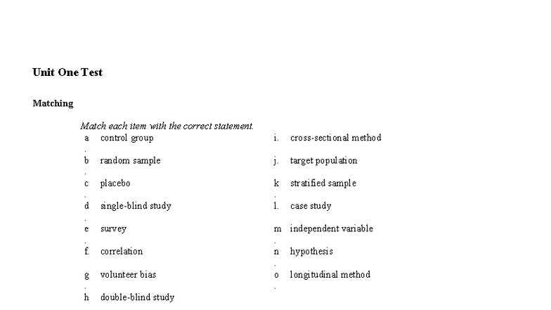 Unit One Test: Matching & Multiple Choice Questions - Studocu