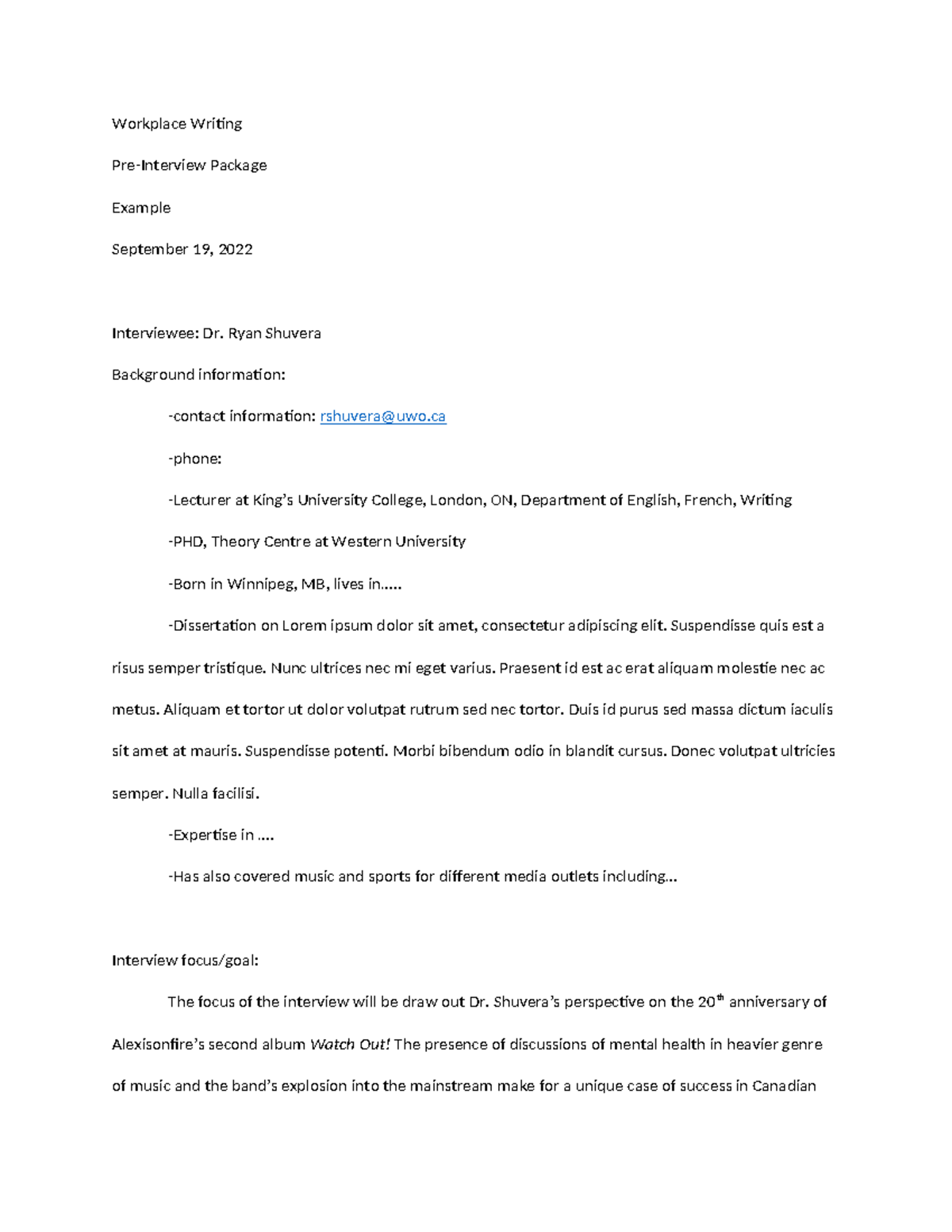 Pre-Interview Package Example for Dr. Ryan Shuvera - Workplace Writing ...