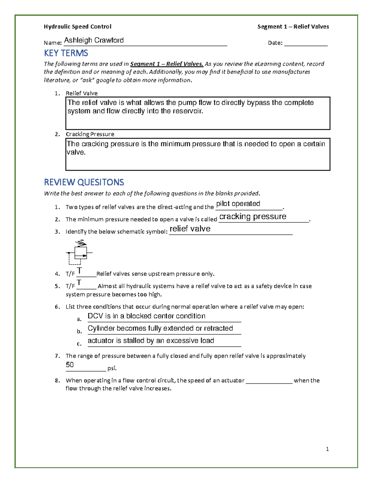 A05 Hydraulic Control - Final Worksheet Answers & Key Terms - Studocu