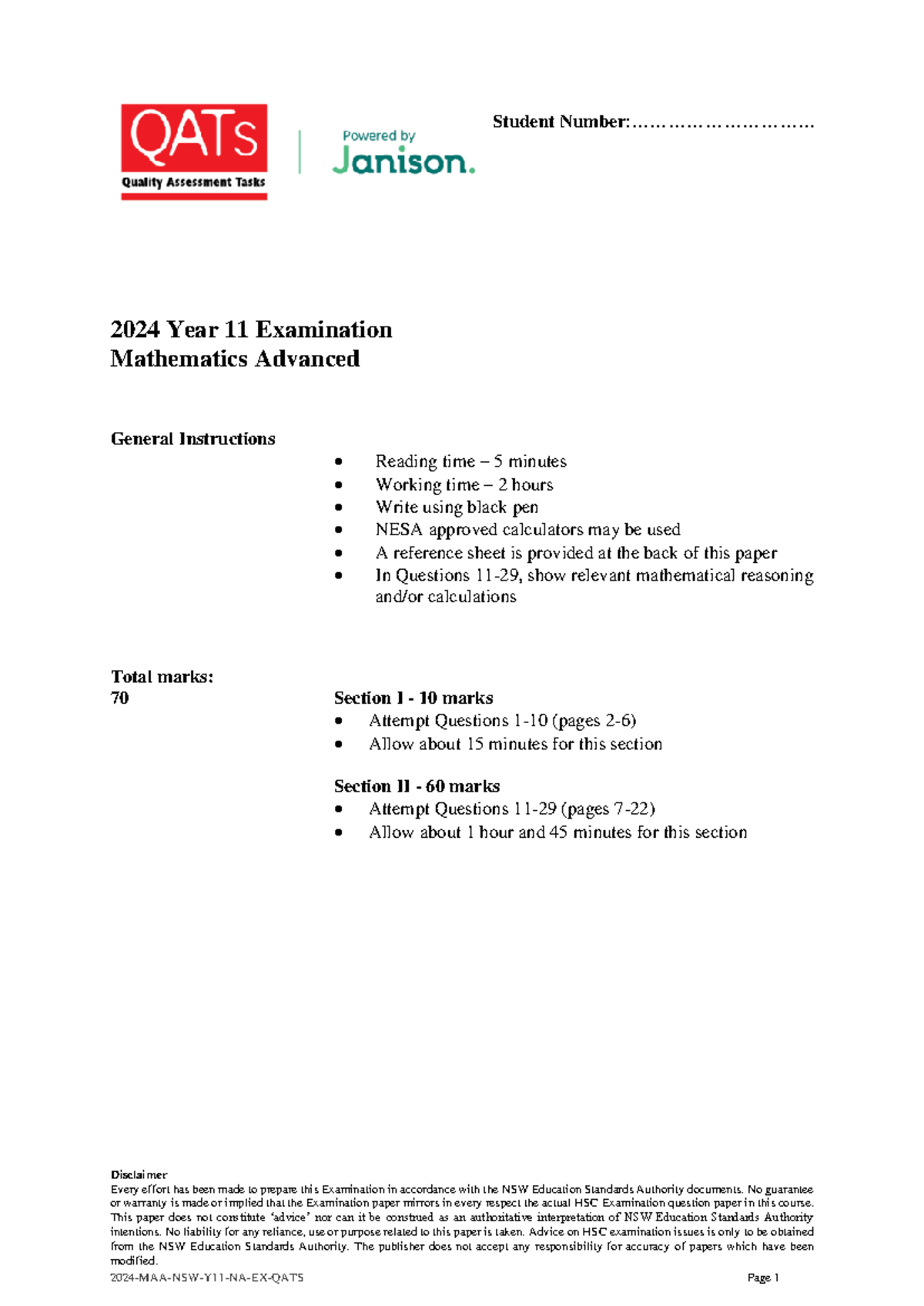 2024 Y11 Mathematics Advanced Exam Instructions & Questions - Studocu