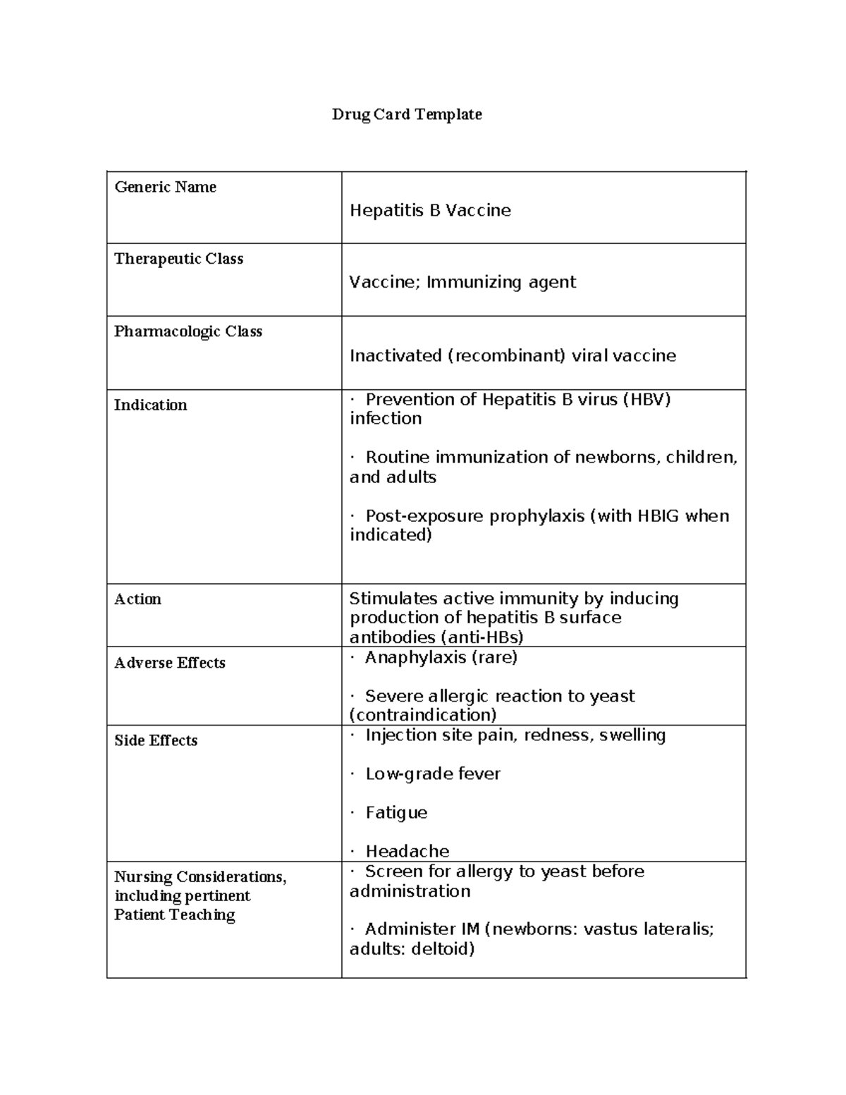 Hepatitis B Vaccine Drug Card Template - Maternity/OB - Studocu