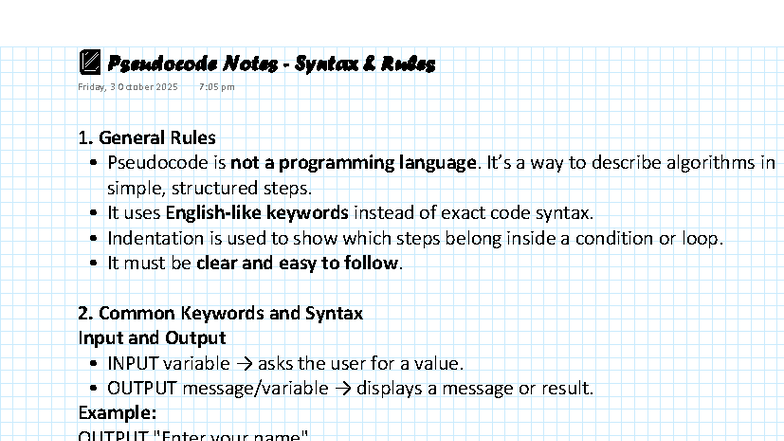 Pseudocode Notes: Syntax Rules for Algorithms (CS101) - Studocu