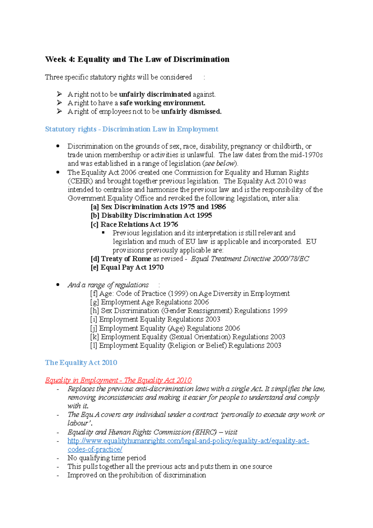 Week 4 - Equality & Discrimination Law Overview in Employment Context ...