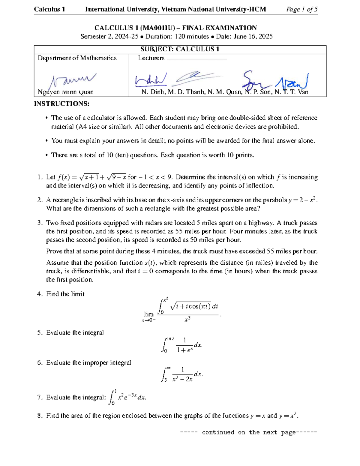 Cal1 (MA001IU) Final Exam S2 2024-25 with Solutions - Studocu