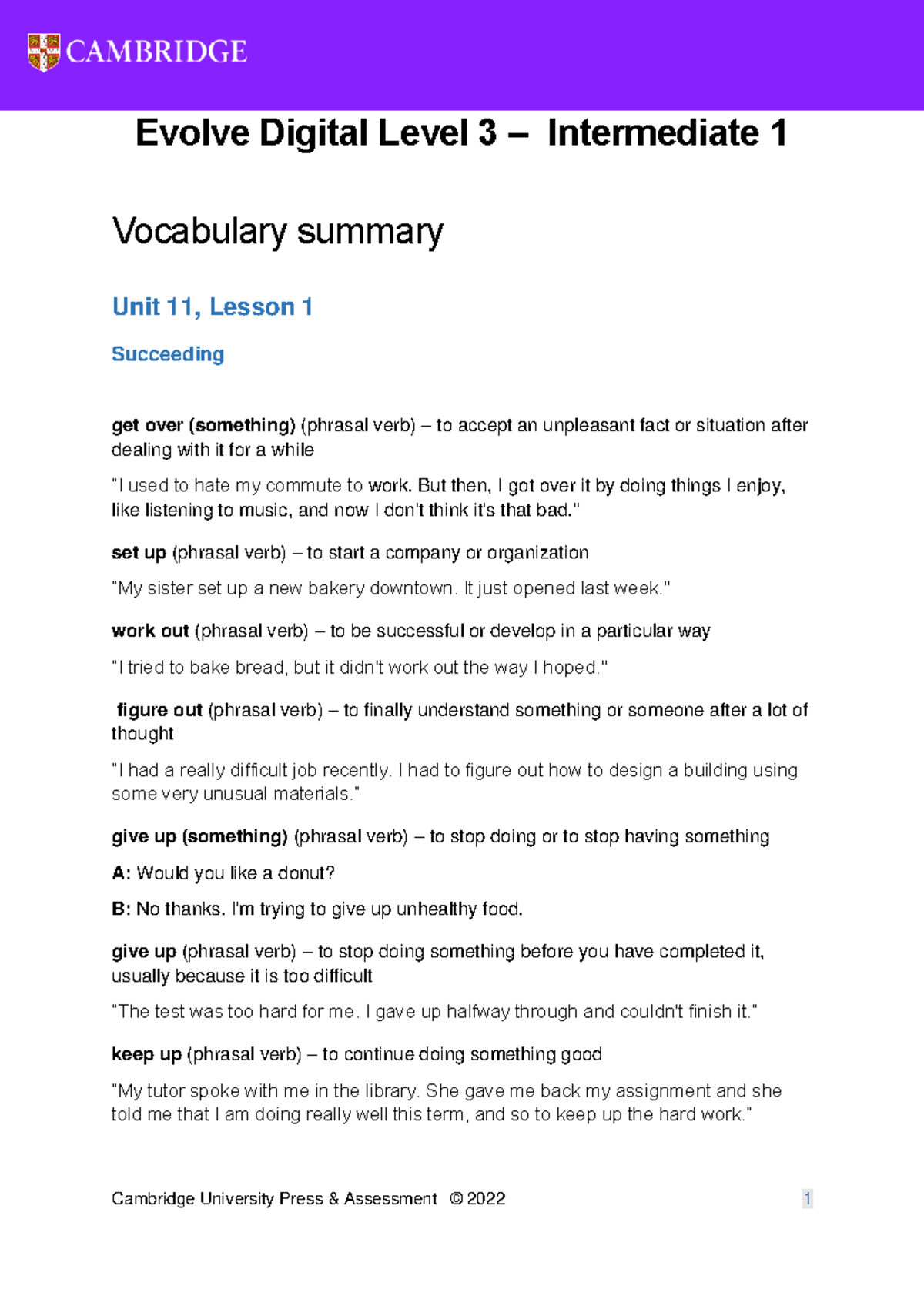 Evolve Digital Level 3 Intermediate 1 Vocabulary Summary: Unit 11 - Studocu