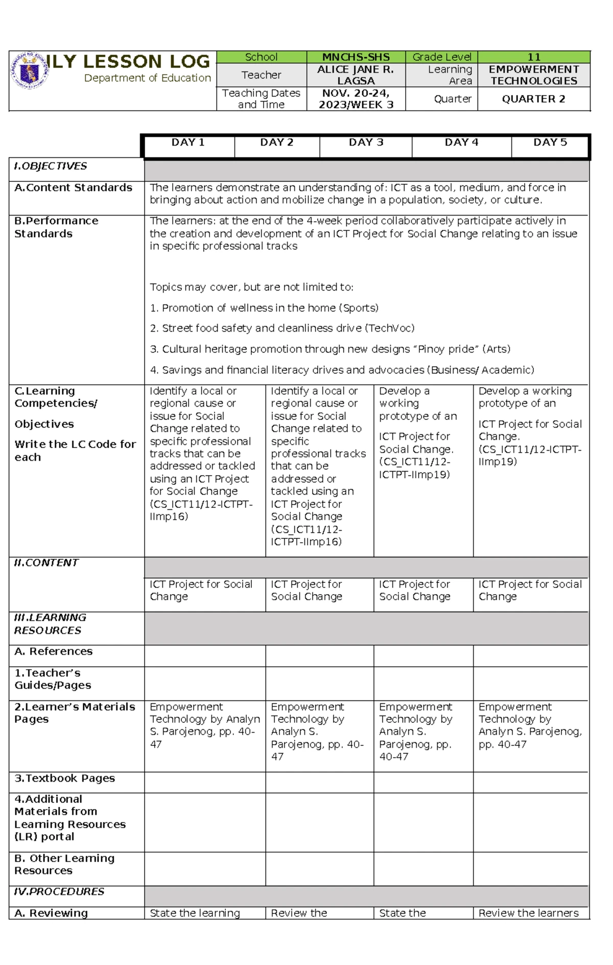 ET-Q1-W7 - Empowerment Technology Daily Lesson Log - Studocu
