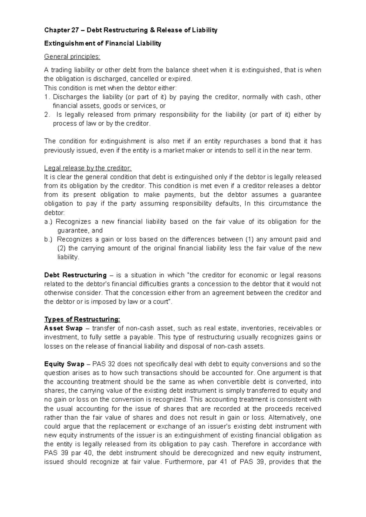 Chapter 27: Debt Restructuring and Financial Liability Extinguishment ...