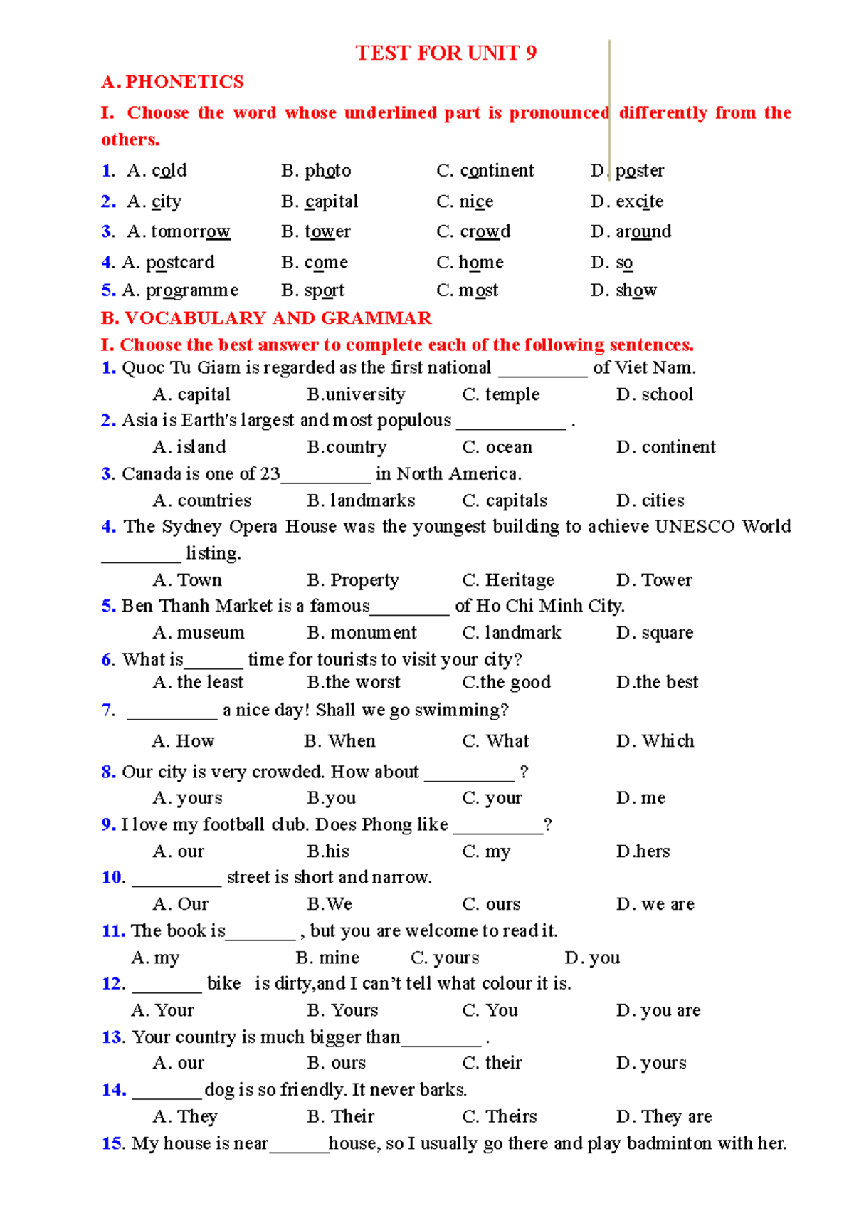 Unit 9 Practice TEST - Phonetics, Vocabulary & Grammar Review - Studocu