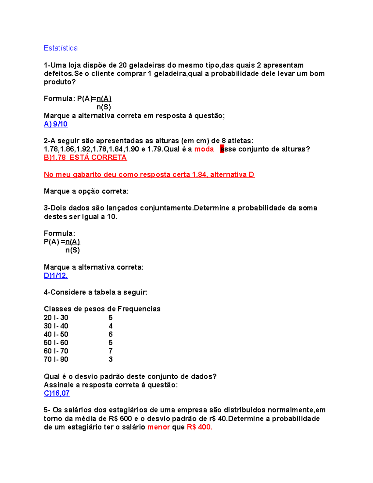 Estatística: Questões e Respostas sobre Probabilidade e Desvios Padrão ...