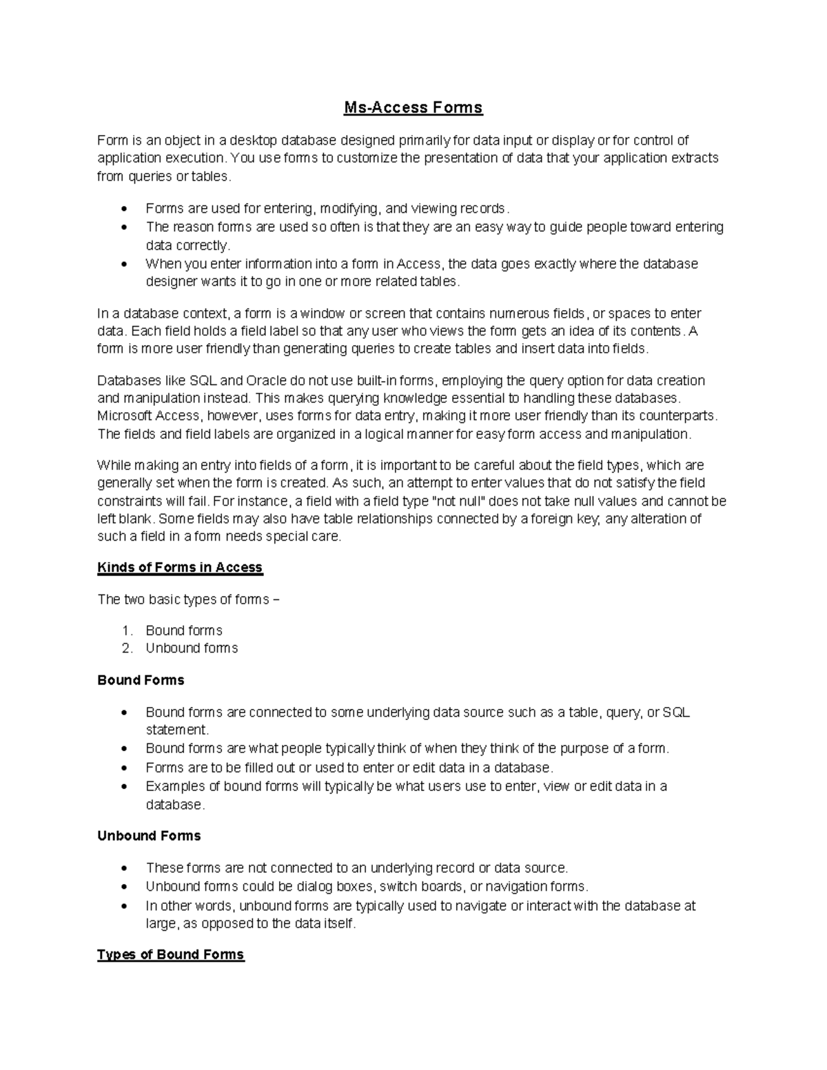 Capse 0601 Final Exam Notes: Understanding MS Access Forms - Studocu
