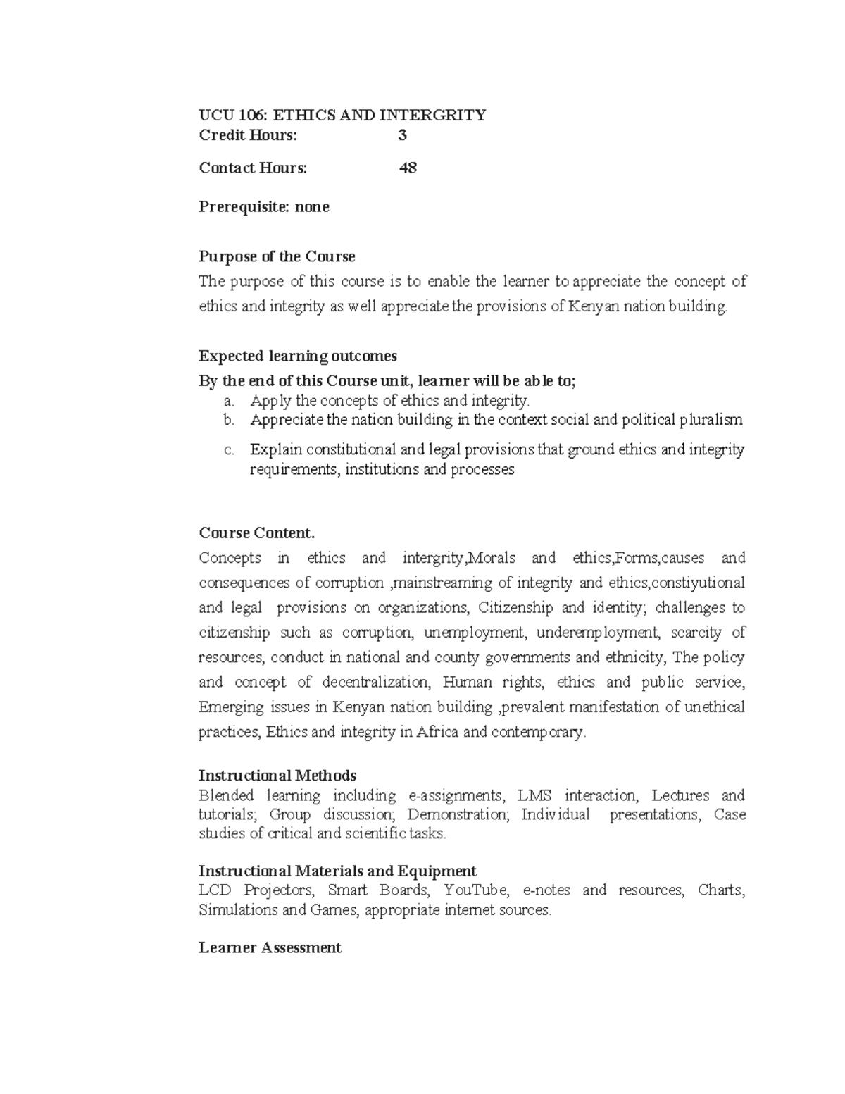 UCU 106: Ethics and Integrity Course Overview and Learning Outcomes ...