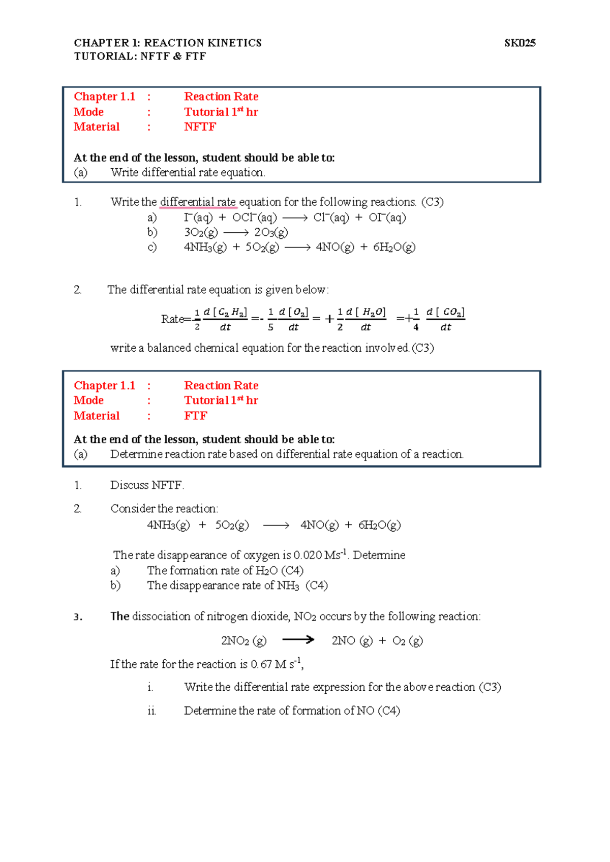 CHAPTER 1: REACTION KINETICS TUTORIAL: NFTF FTF SK025 - Studocu