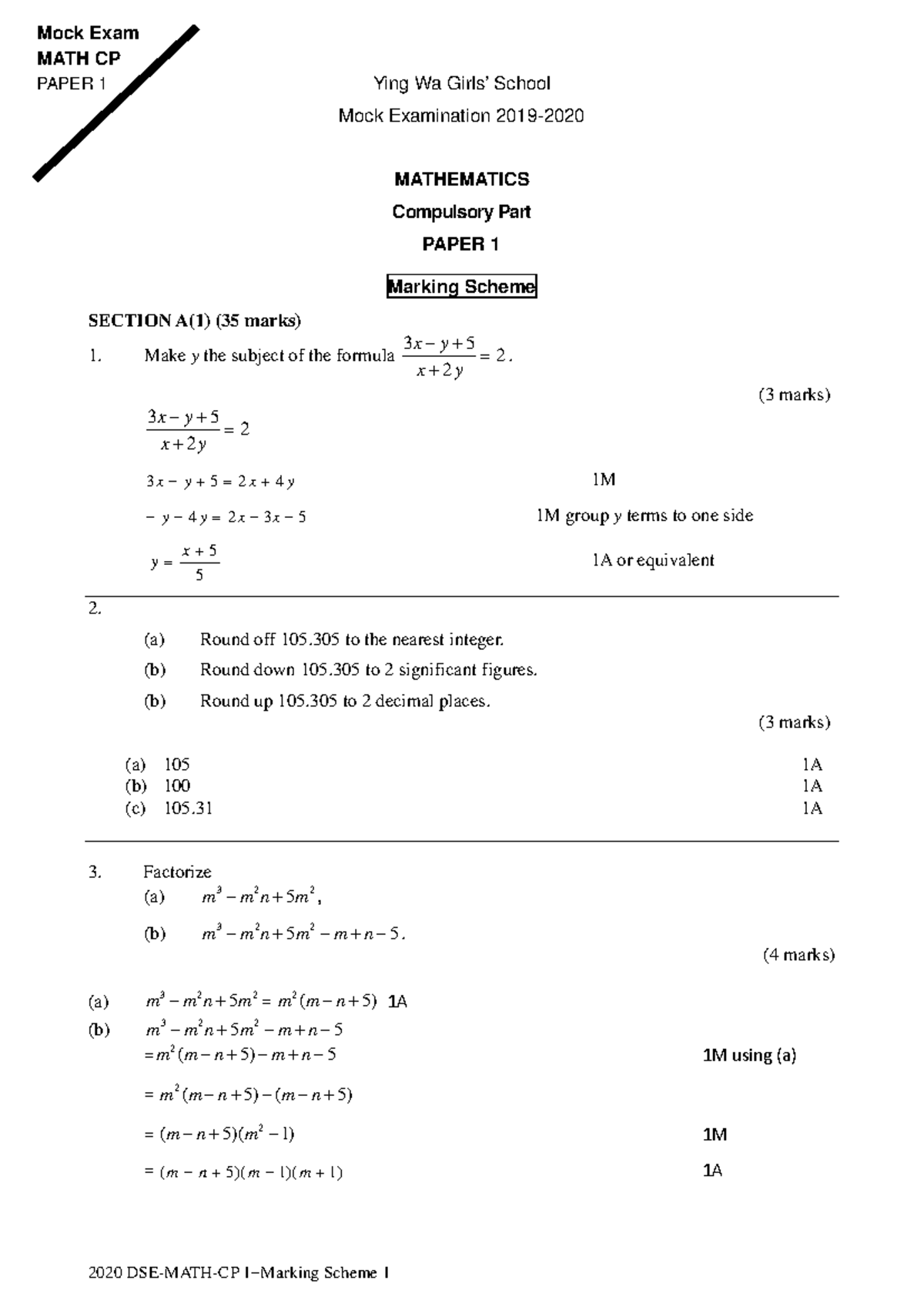 Mock Exam MATH CP 2020 Paper 1 Solutions and Marking Scheme - Studocu