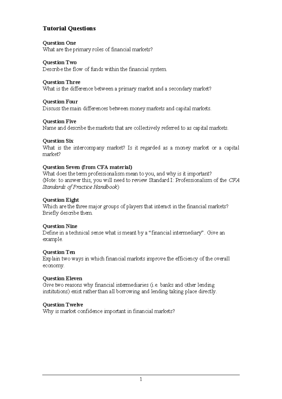 Tutorial 1 Questions: Key Concepts in Financial Markets - Studocu