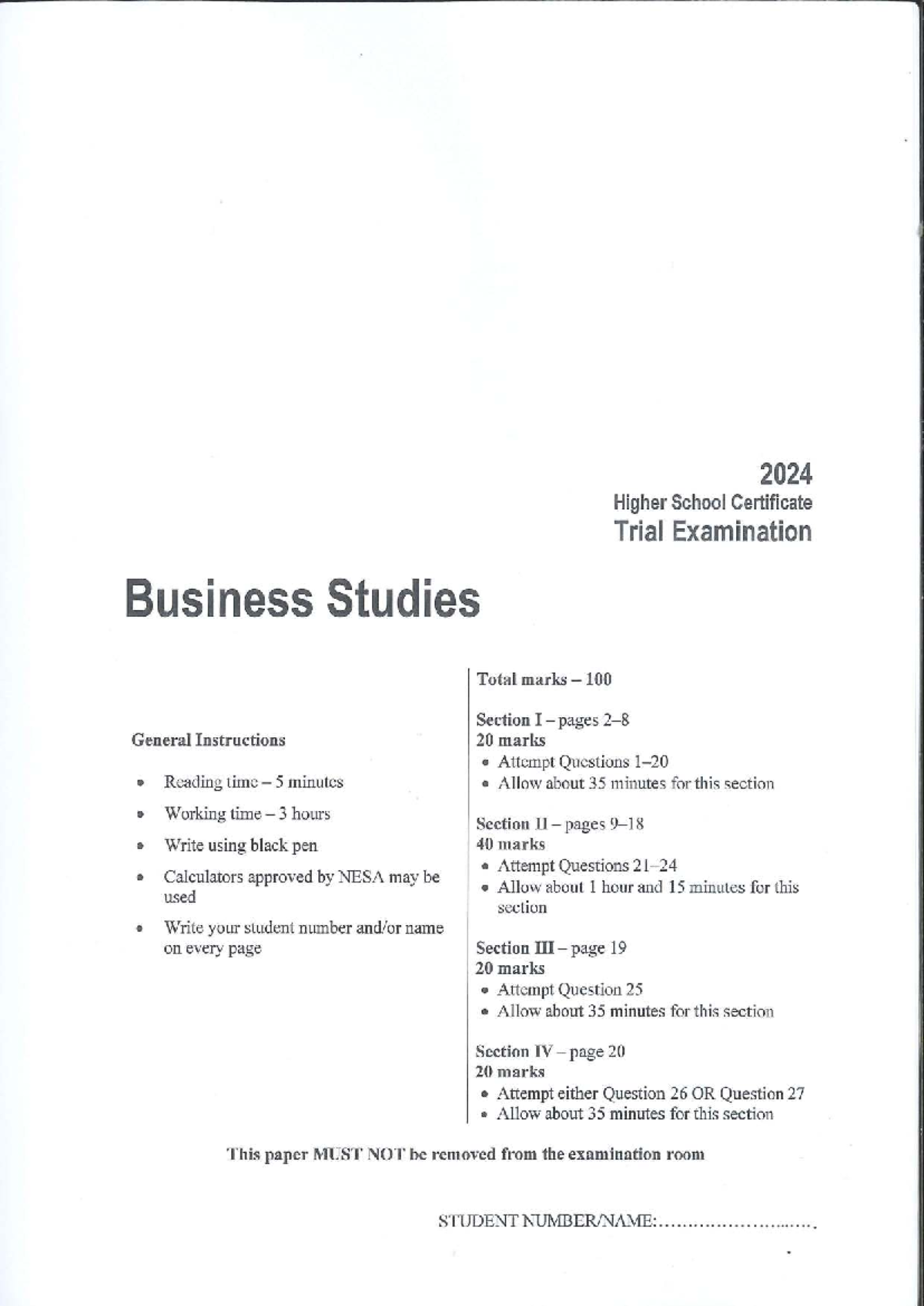 2024 HSC Business Studies Trial Exam - Total Marks 100 - Studocu