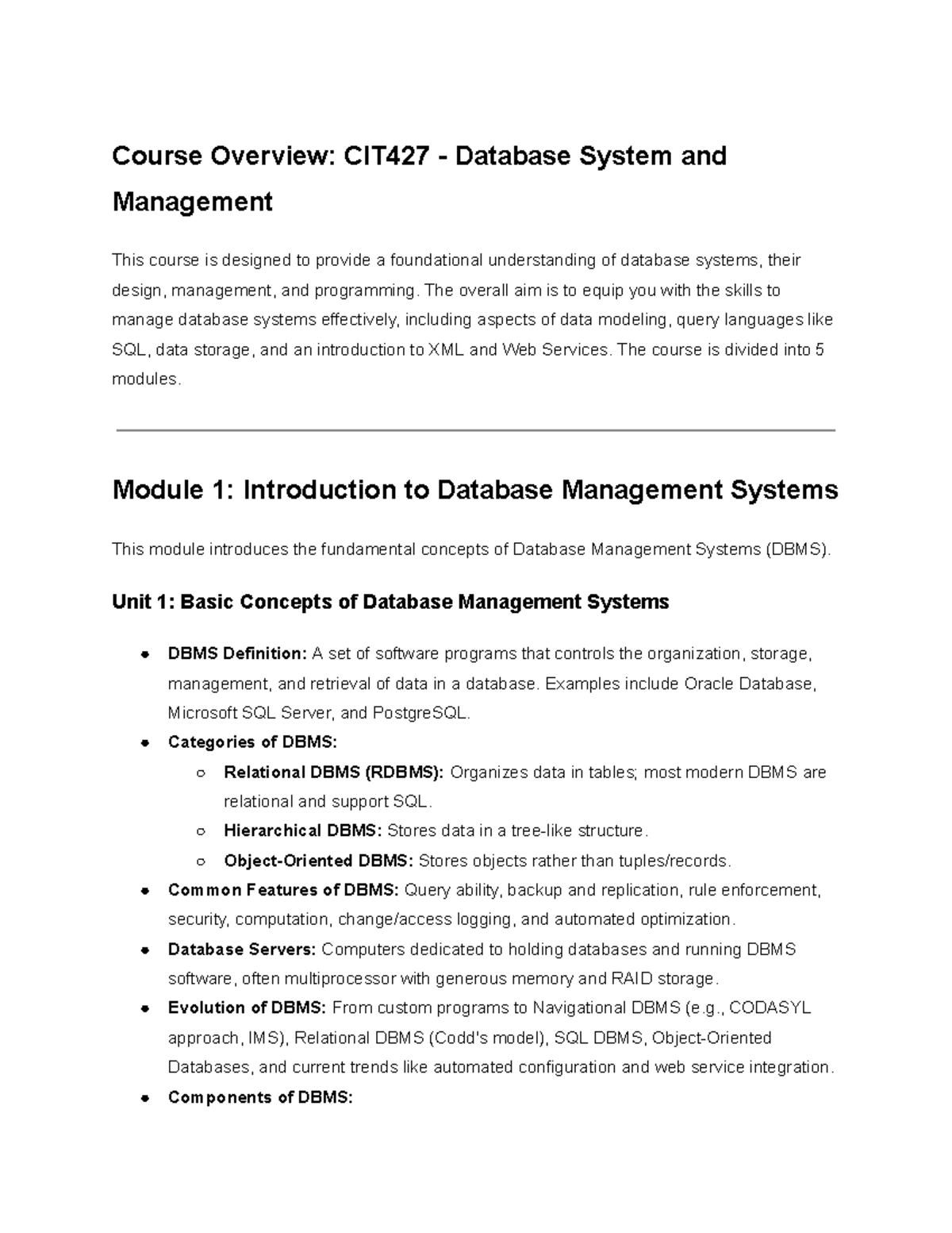 CIT427 Database Systems Overview and Summary Notes - Studocu