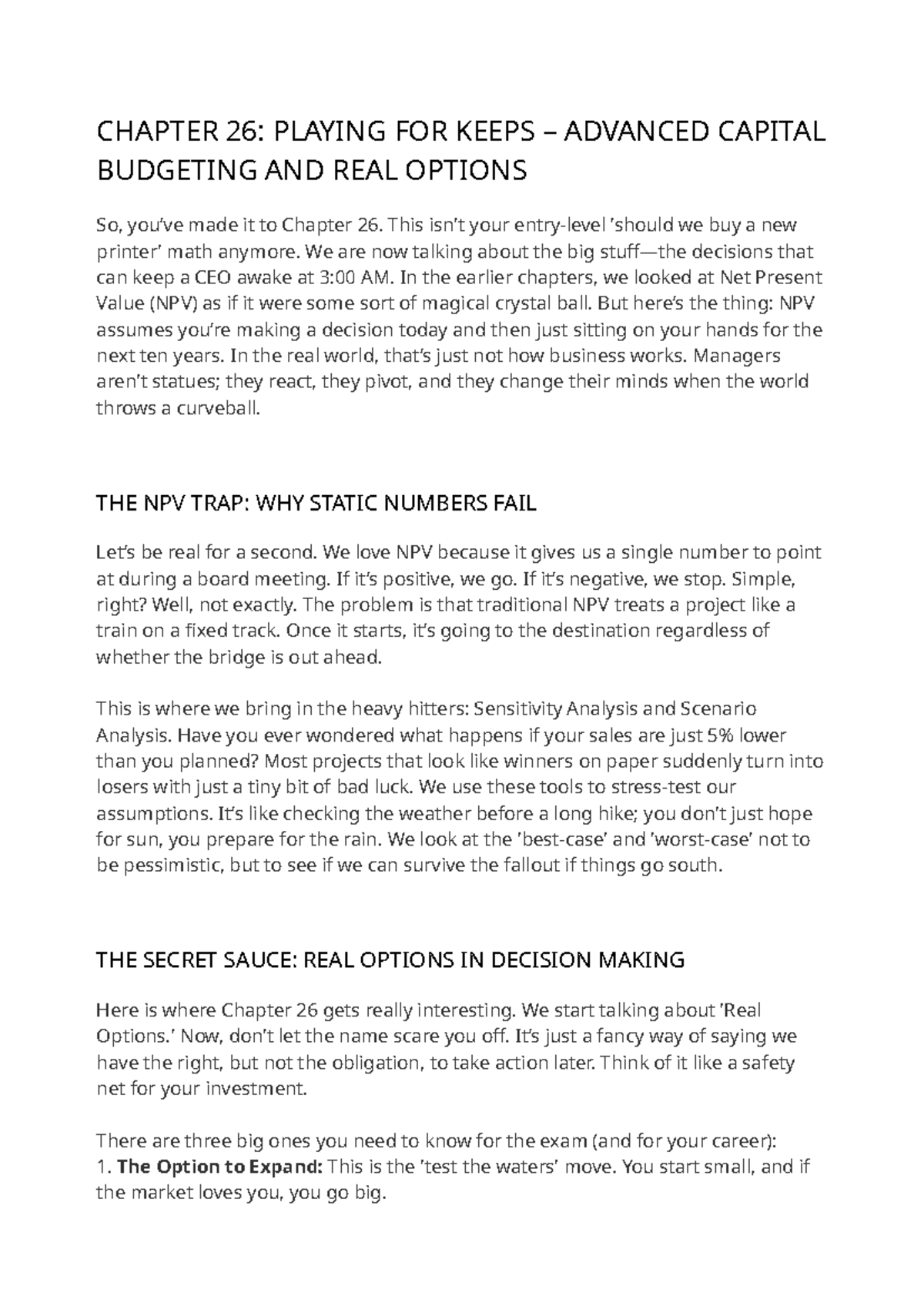 CHAPTER 26: Advanced Capital Budgeting & Real Options Insights - Studocu