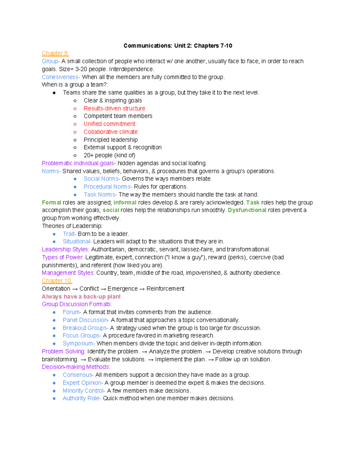 Communications Notes: Unit 2 Overview of Chapters 7-10 - Studocu