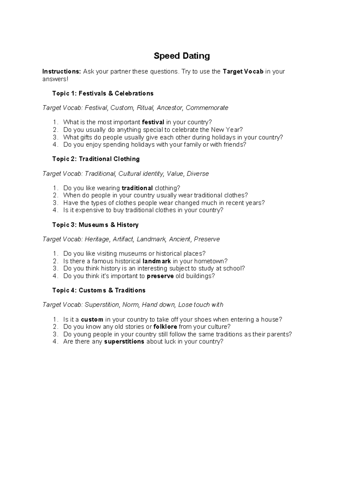 Speed Dating Instructions: Questions on Festivals & Traditions - Studocu