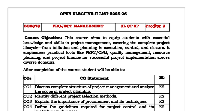 BOE070 Project Management 3L Syllabus Overview and Course Objectives ...
