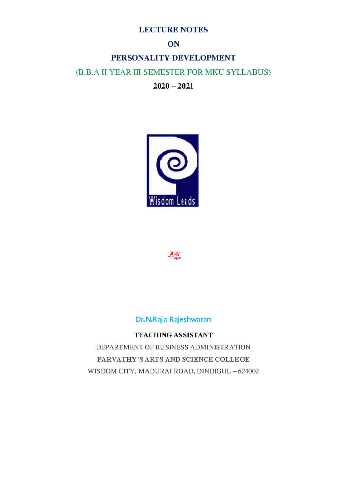 Personality Development II - Lecture Notes (BBA II Year, Sem III) - Studocu