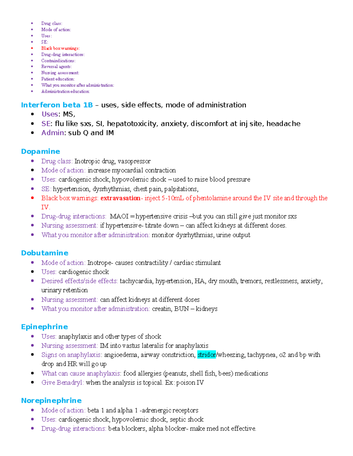 NUR 354 Exam 1 Comprehensive Medication Study Guide - Studocu