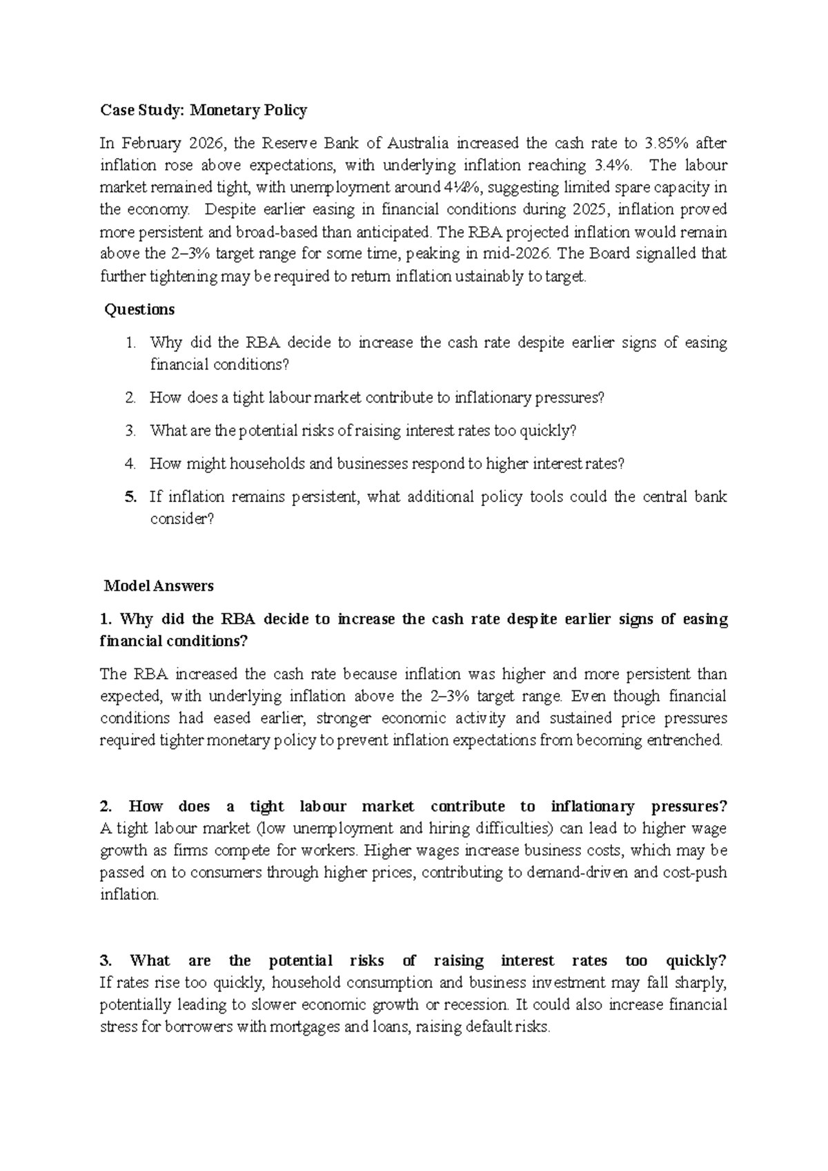 Week 1 Monetary Policy Case Study: RBA Cash Rate Decisions - Studocu