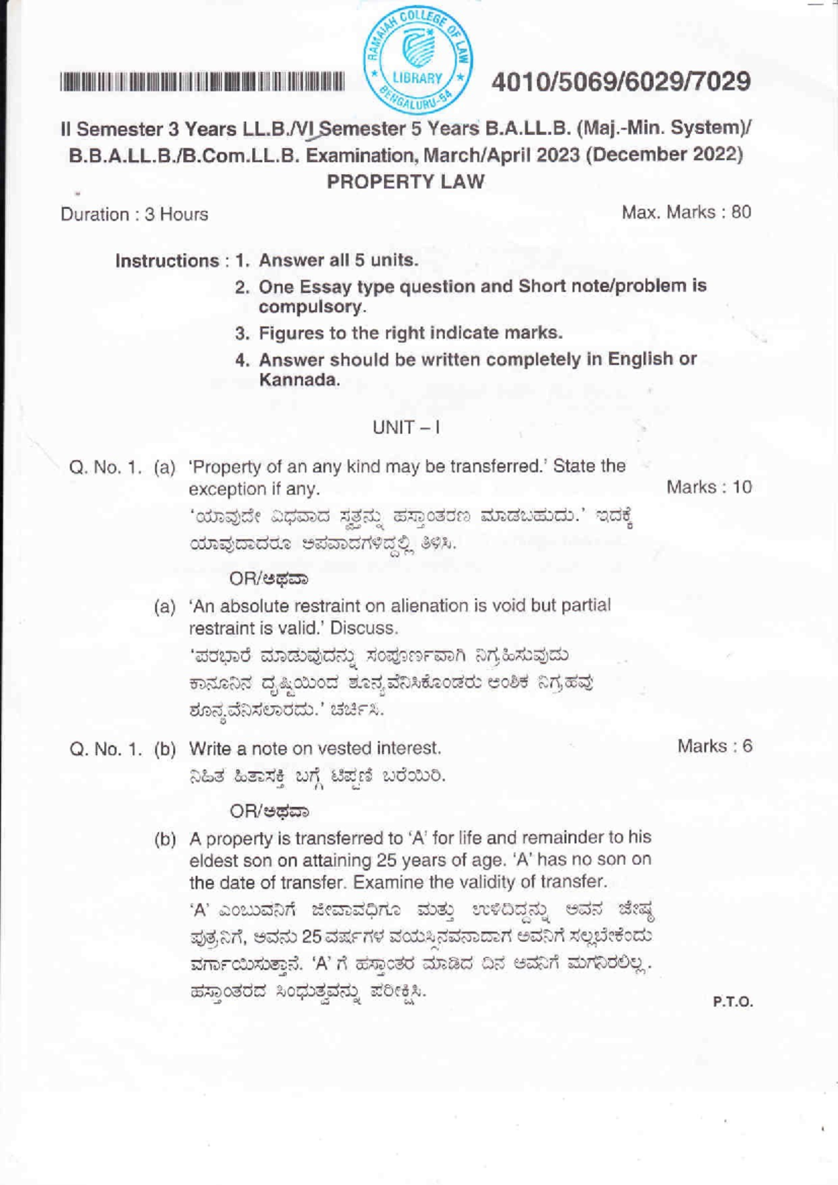 6th Sem Property Law Exam Notes B.A.LL.B. Dec 2022 - 2023 - Studocu