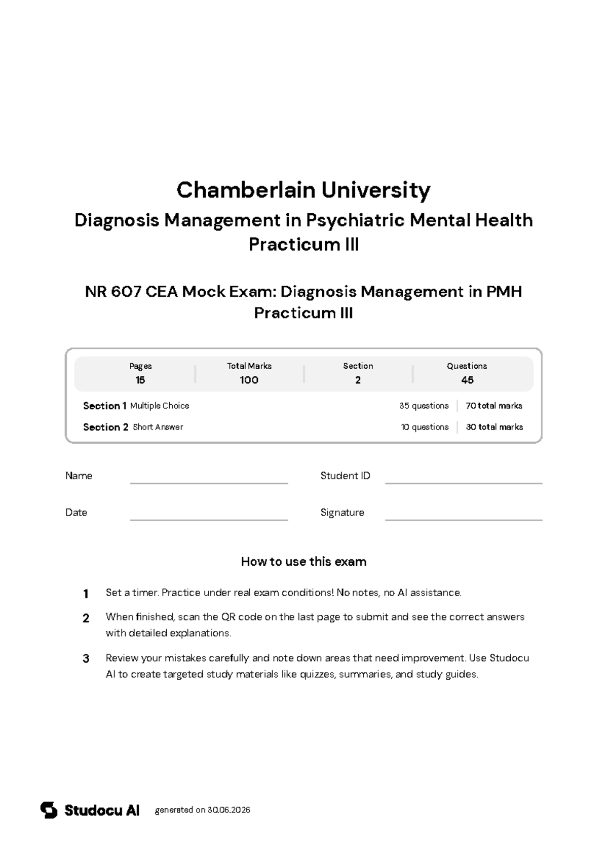 NR 607 CEA Mock Exam: Diagnosis Management in PMH Practicum III