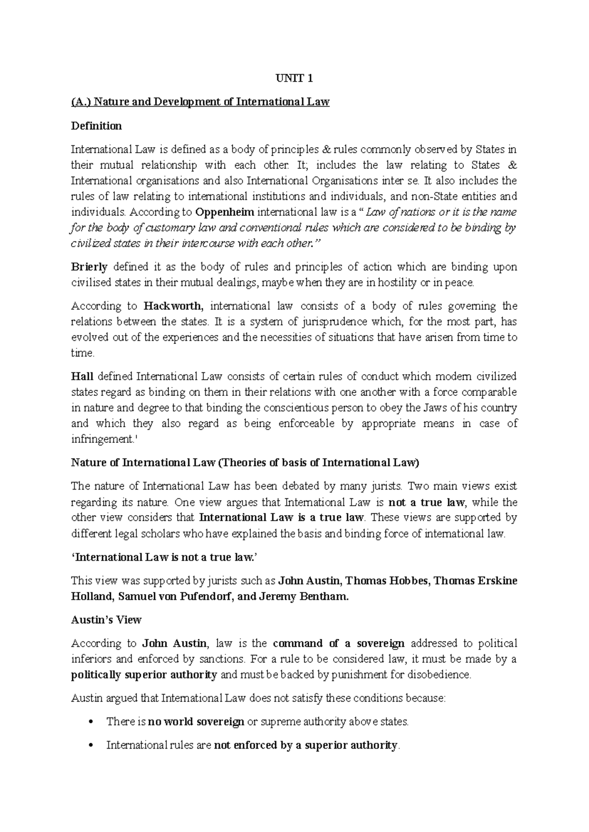 PIL 1&2 UNIT - Nature and Development of International Law Notes - Studocu