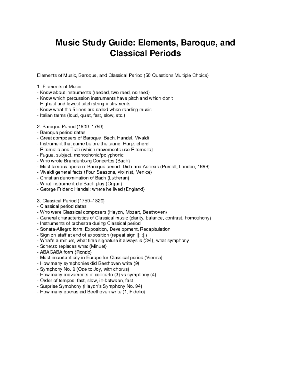 Music Study Guide: Elements, Baroque & Classical Periods (50 Qs) - Studocu