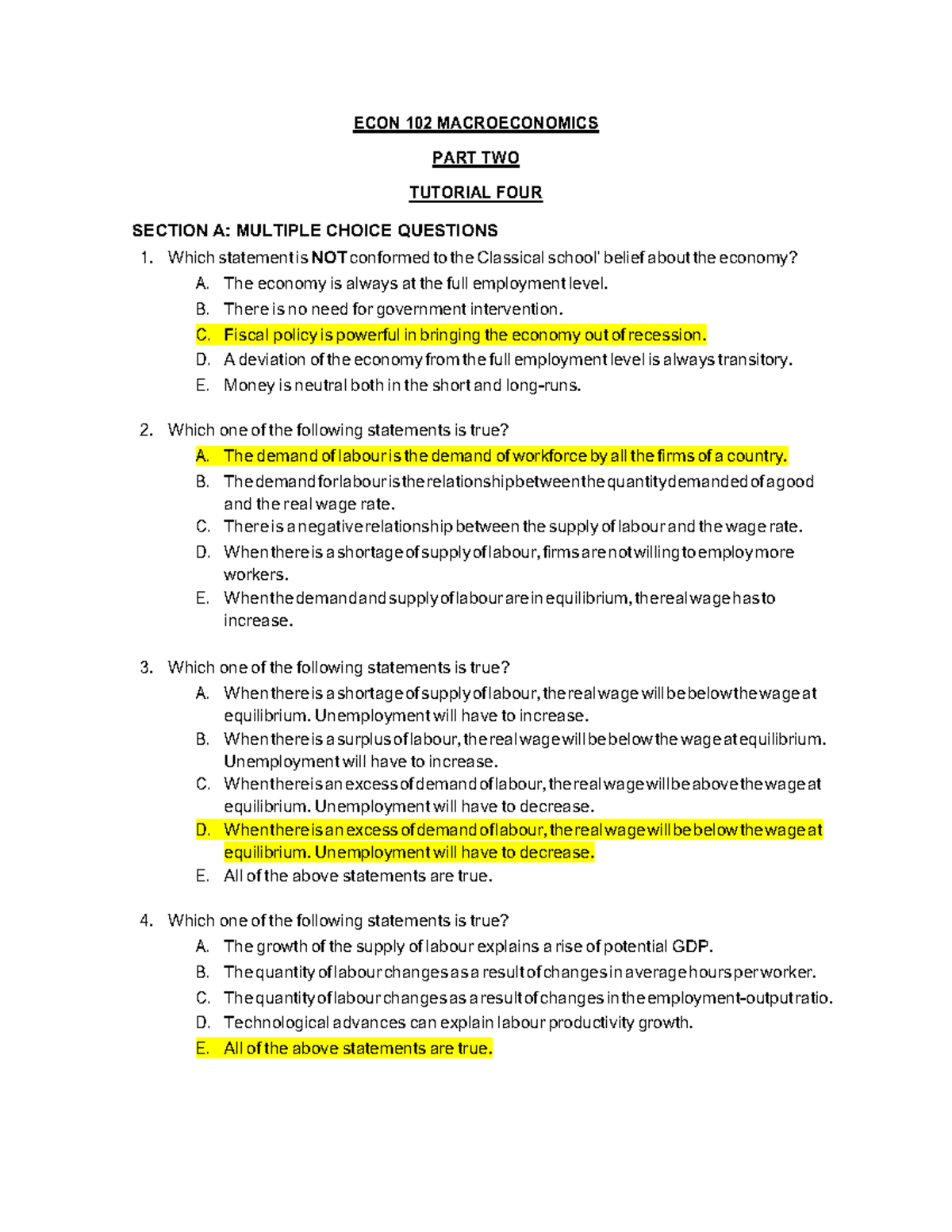 ECON 102: Solutions for Tutorial 4 - Macroeconomics MCQs - Studocu