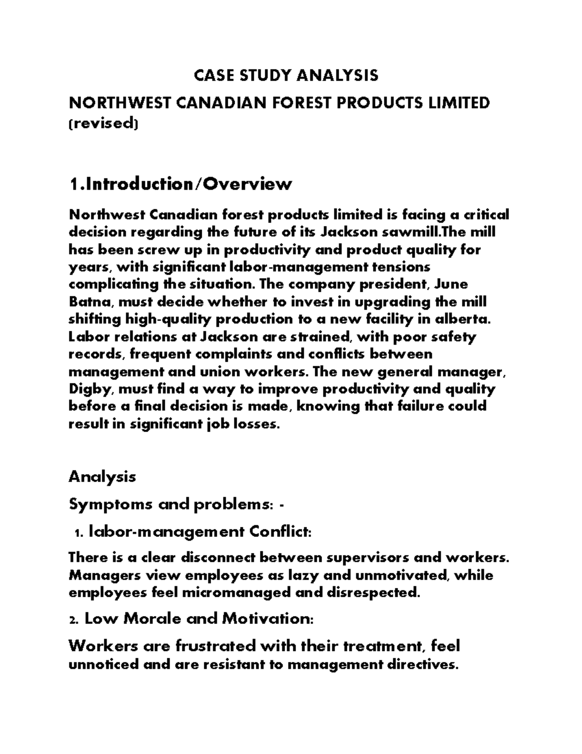 Case Study Analysis: Labor-Management Issues at NW Canadian Forest ...