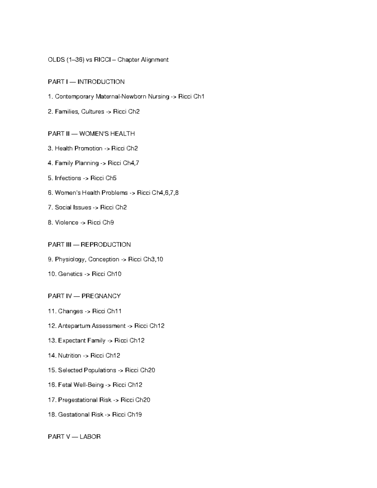 OLDS vs RICCI Chapter Alignment: Nursing Concepts Overview - Studocu