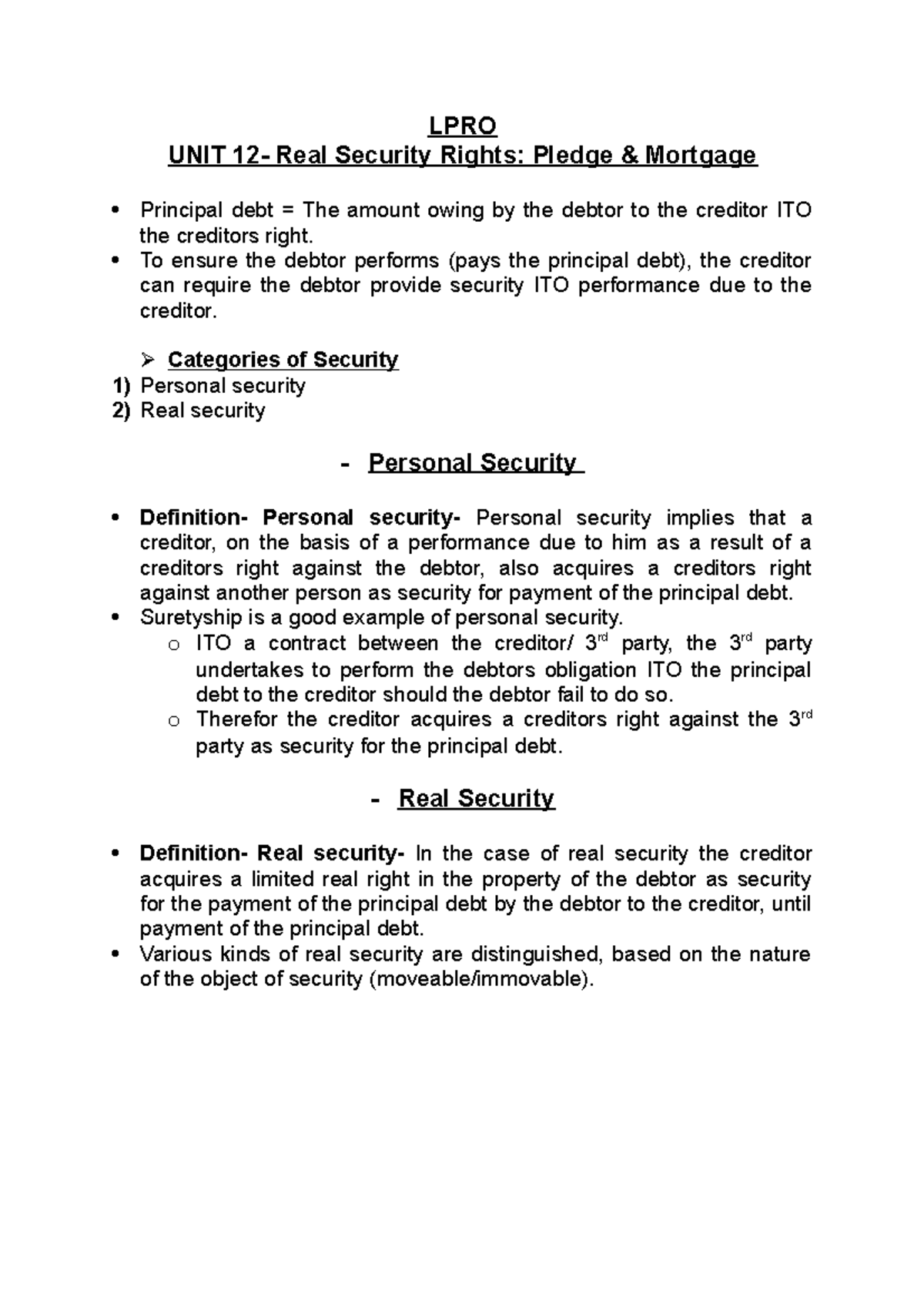 LPRO UNIT 12: In-Depth Analysis of Real Security Rights - Pledge ...