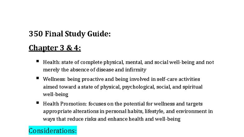 350 Final Study Guide: Health Promotion and Nursing Concepts - Studocu