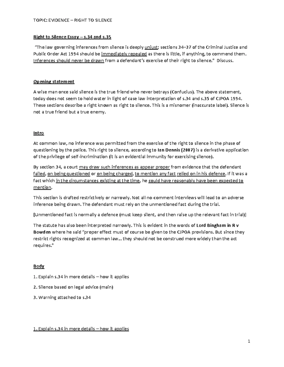 Silence - Criminal litigation the right to be silent.Section 34 of the ...