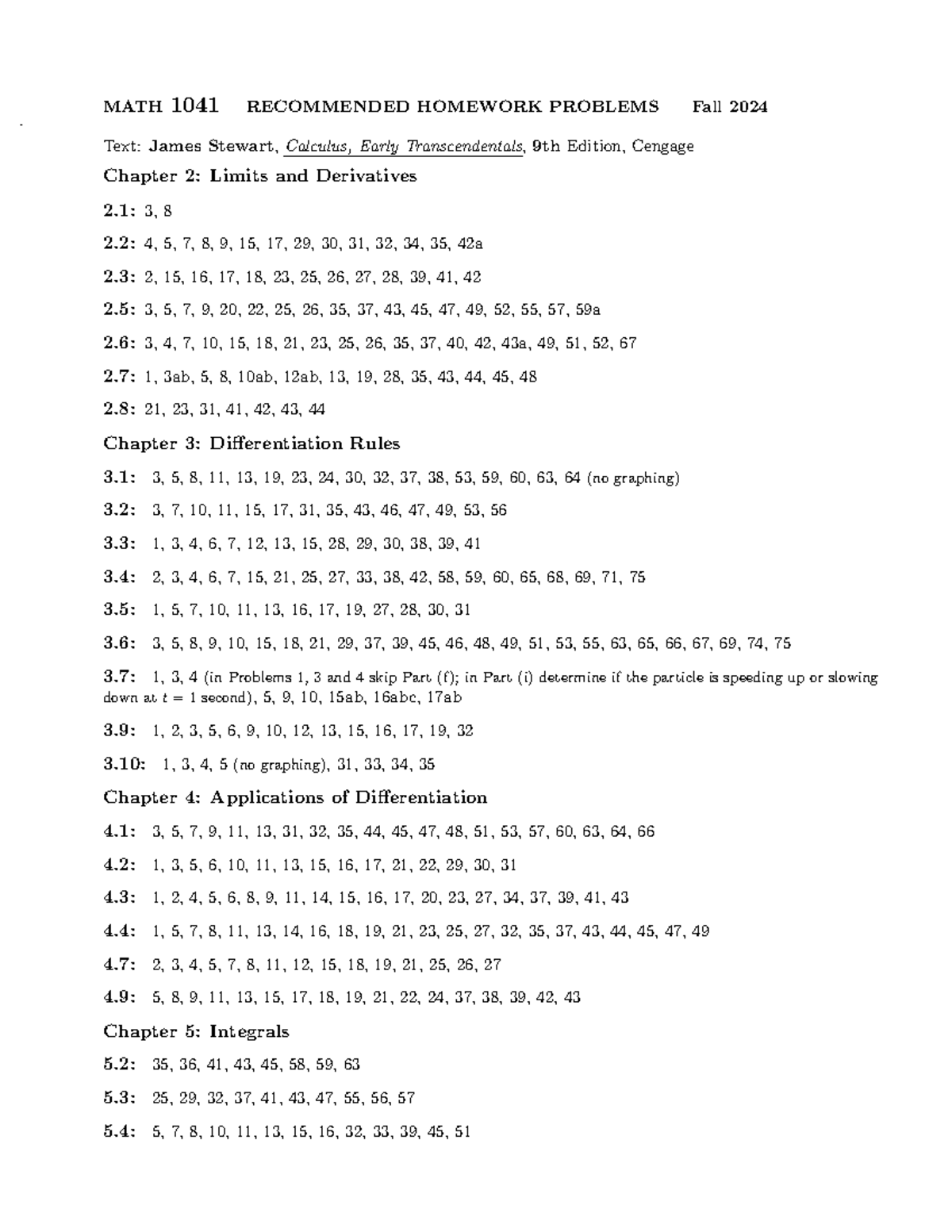 MATH 1041 F24 Homework Problem Practice List for 2024/25 - Studocu