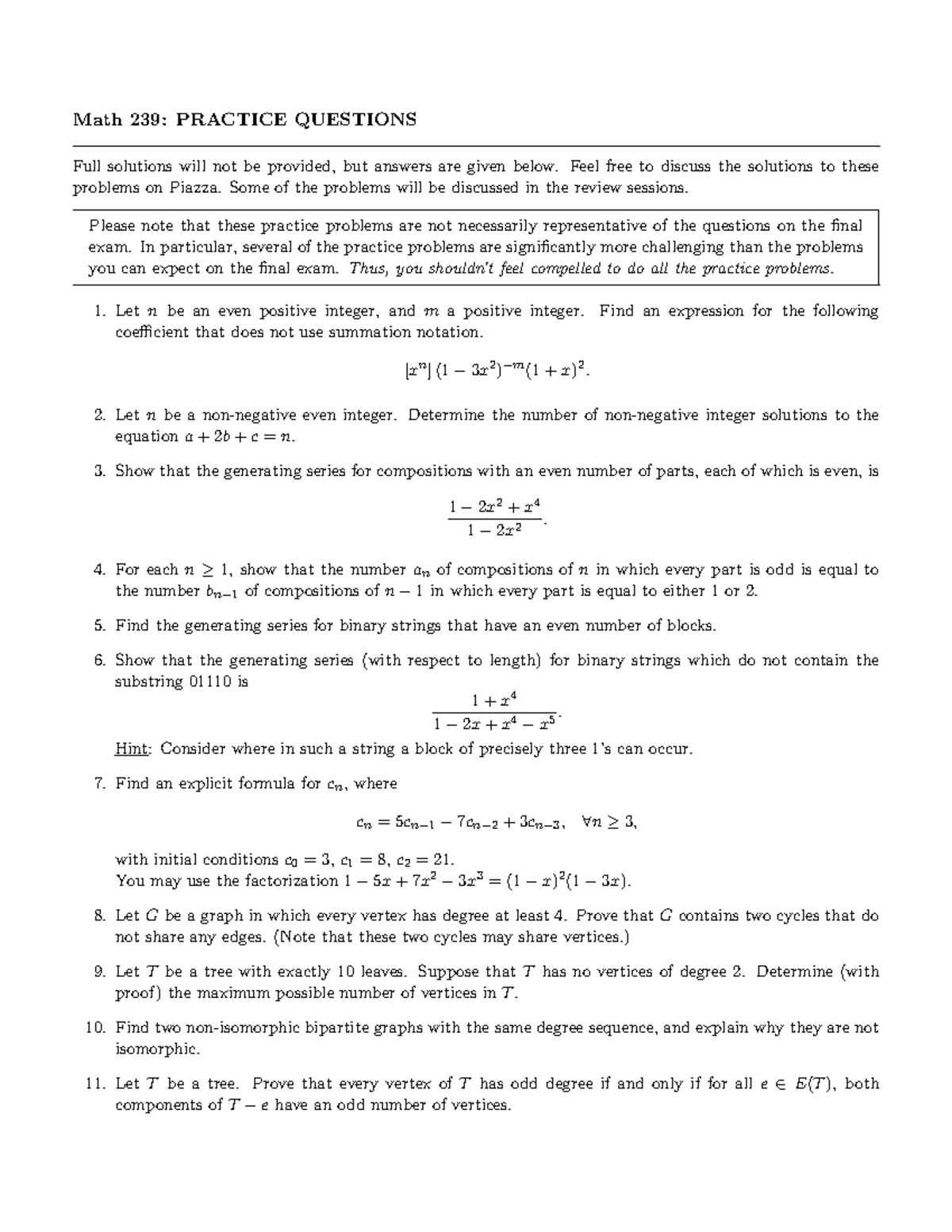 MATH239: Final Exam Practice Problems and Solutions - Studocu