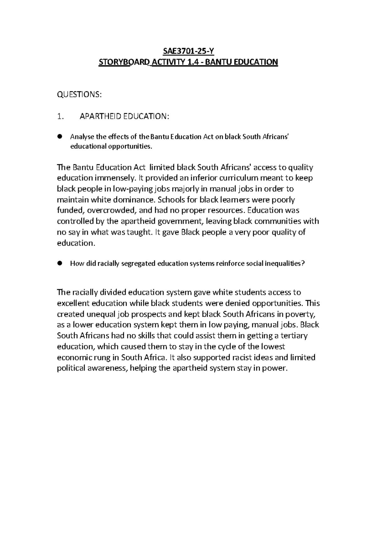 BANTU EDUCATION IMPACT ON BLACK SOUTH AFRICAN OPPORTUNITIES - Studocu