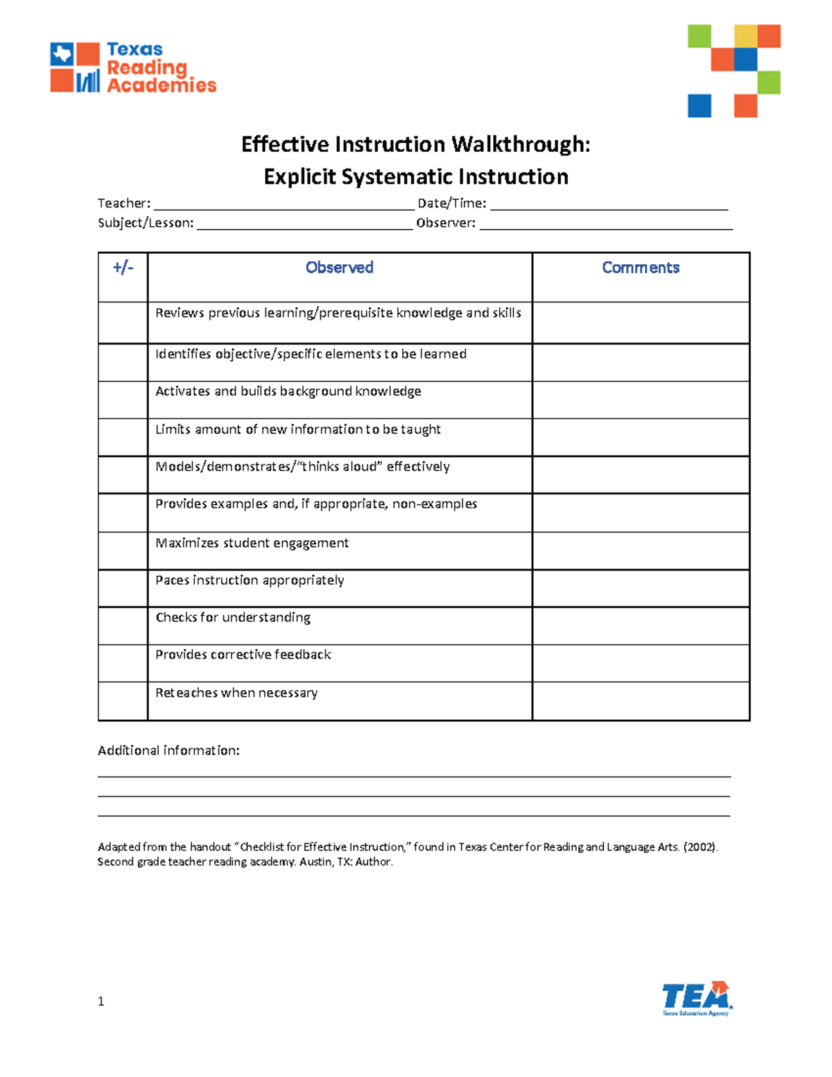 Explicit, Systematic Instruction Tool (4)-1 - 1 Effective Instruction ...